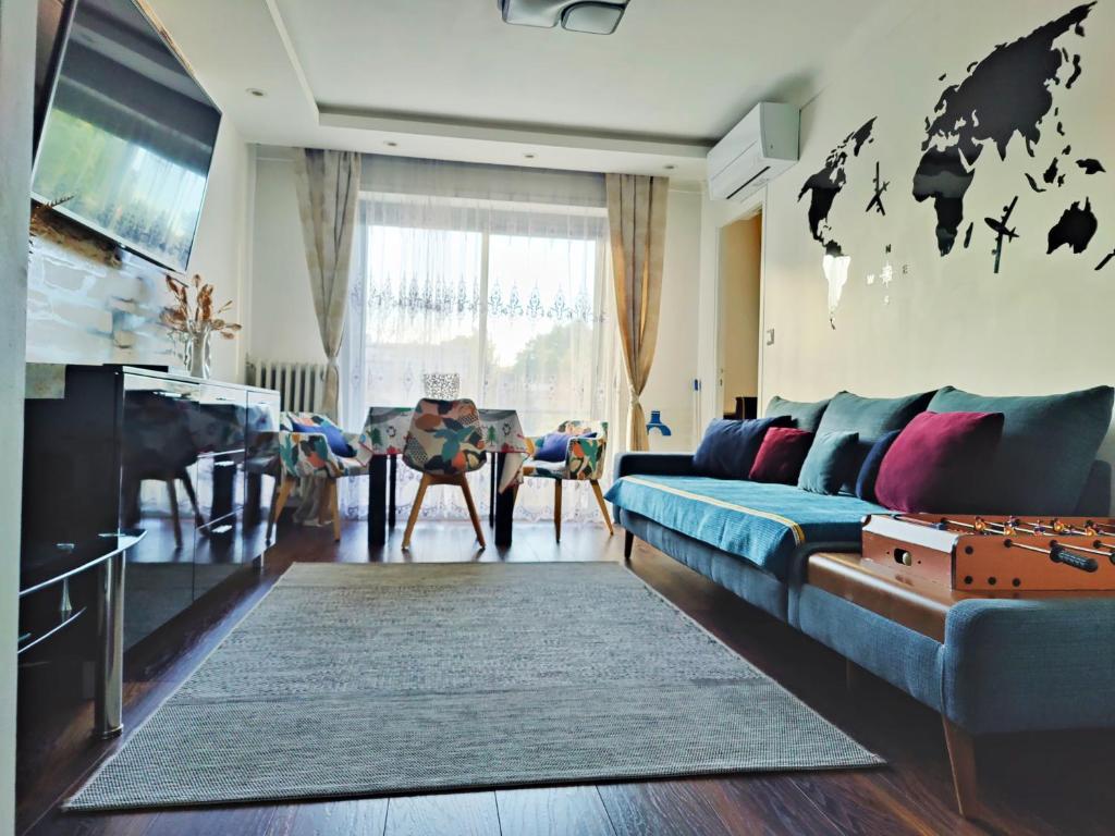 Spacious living room in Antibes apartment with air conditioning